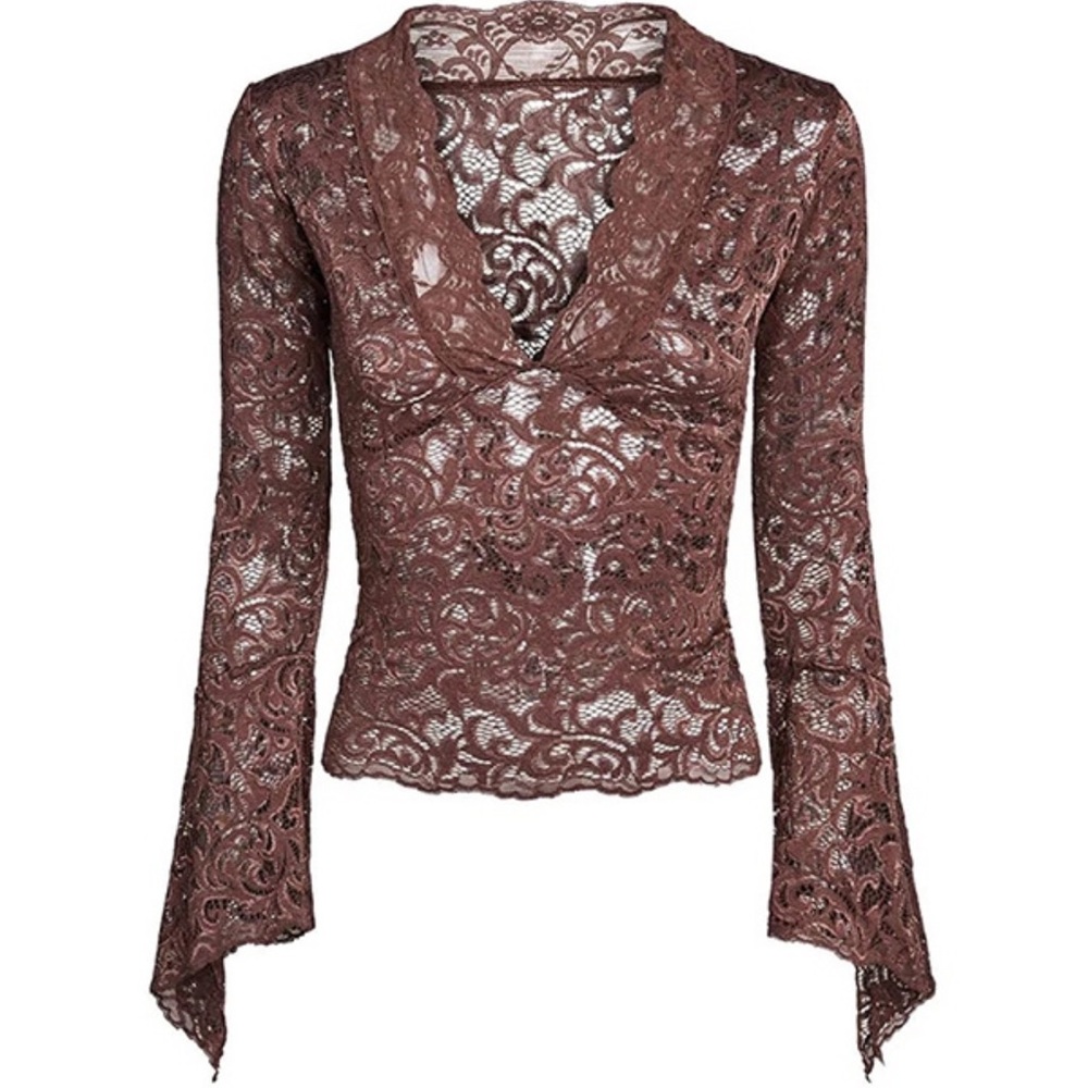 Brown Mesh/ see through Lace V Flared long sleeve